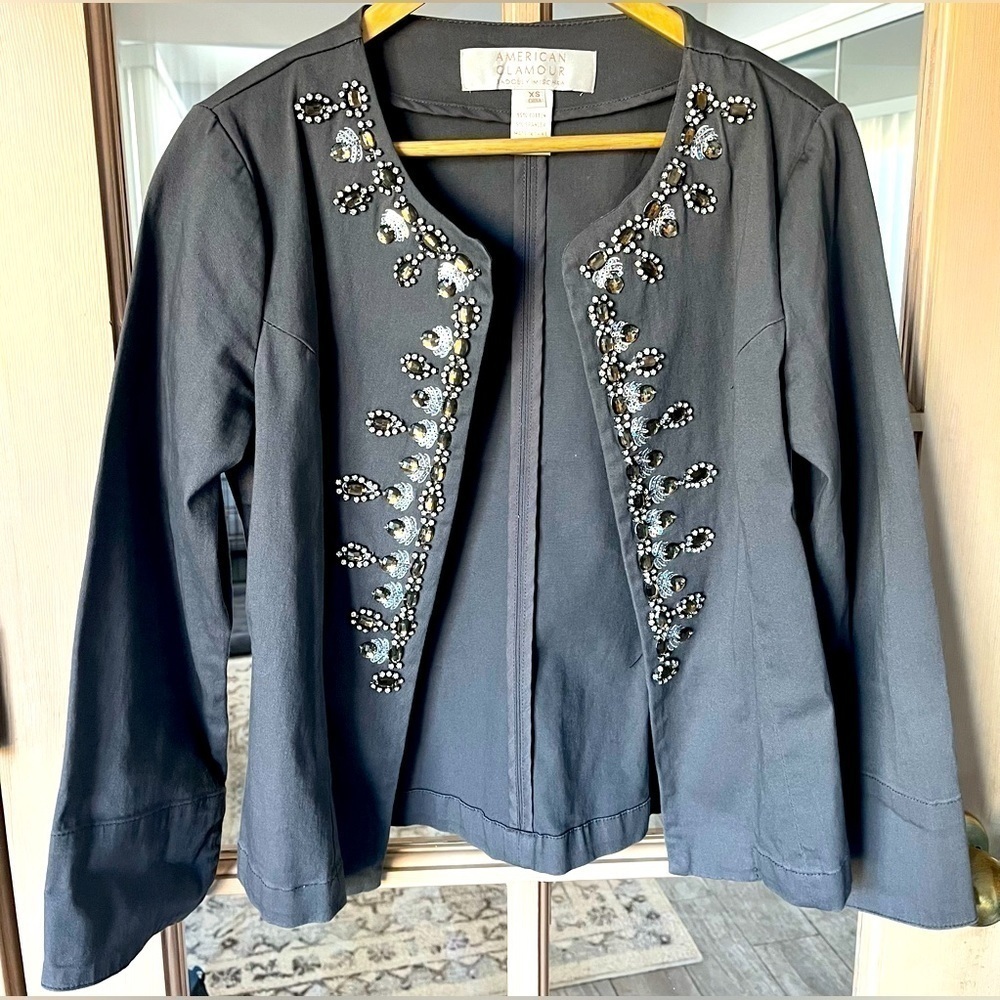 NWOT 𝅺American Glamour Badgley Mischka Gray Beaded Stone Jacket Blazer Size XS - Picture 2 of 7